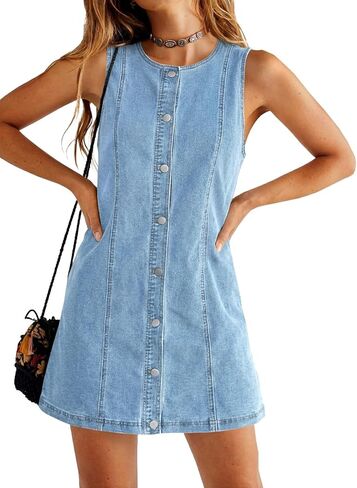 Yousify Womens Sleeveless Denim Overalls Dresses Summer Button Down A Line Jean Mini Romper Dress with Pockets in Saudi Arabia