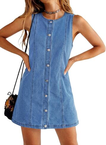 Yousify Womens Sleeveless Denim Overalls Dresses Summer Button Down A Line Jean Mini Romper Dress with Pockets in Saudi Arabia