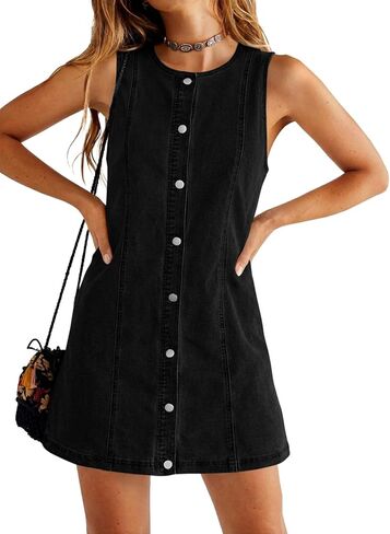 Yousify Womens Sleeveless Denim Overalls Dresses Summer Button Down A Line Jean Mini Romper Dress with Pockets in Saudi Arabia