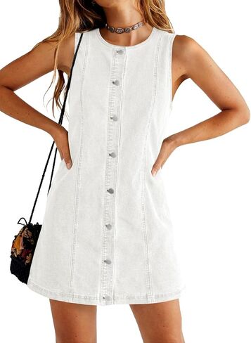Yousify Womens Sleeveless Denim Overalls Dresses Summer Button Down A Line Jean Mini Romper Dress with Pockets in Saudi Arabia