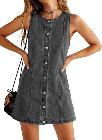 Yousify Womens Sleeveless Denim Overalls Dresses Summer Button Down A Line Jean Mini Romper Dress with Pockets in Saudi Arabia