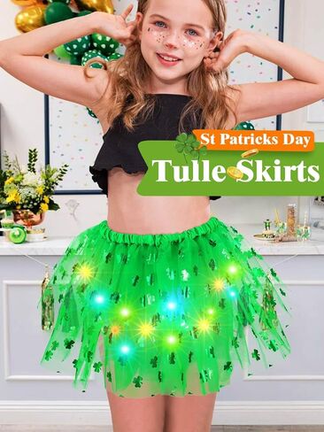 REETAN Light up St.Patrick's Day Tutu Skirt Shamrock Green LED Dance Skirts Irish Clover Party Costume in Saudi Arabia