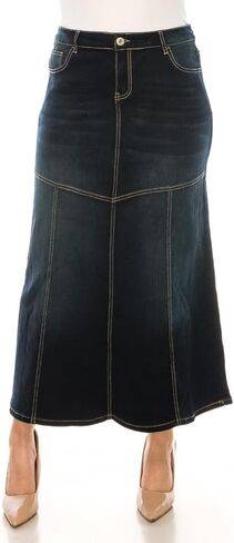 Women's Plus Long Denim Skirt, Dark Wash, A-Line Maxi Length, Contrast Stitching in Saudi Arabia