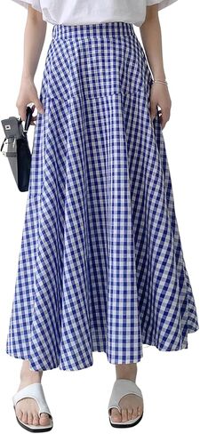 ebossy Women's Casual Retro Plaid A-Line Swing Boho Skirts Elastic Waist Flared Gingham Long Skirts in Saudi Arabia