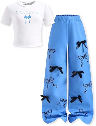 Girls Clothes 2 Piece Outfit Short Sleeve Top + Bow Cargo Pants Girls Spring and Fall Outfits, Sizes 7-16 Years in Saudi Arabia