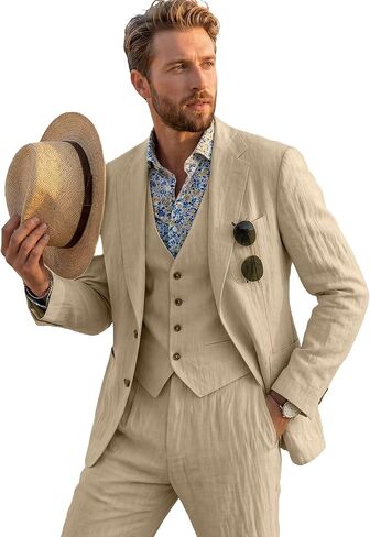 بدلة رجالي من الكتان مكونة من 3 قطع بقصة ضيقة وخفيفة الوزن من الكتان أطقم سترات وسترة وسراويل صيفية غير رسمية للسفر للرجال in Kuwait