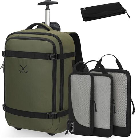Hynes Eagle 42L Rolling Backpack Wheeled Backpack Flight Approved Travel Backpack Carry on Luggage Dark Green with Compression Packing Cubes Set 4PCS Black in Saudi Arabia