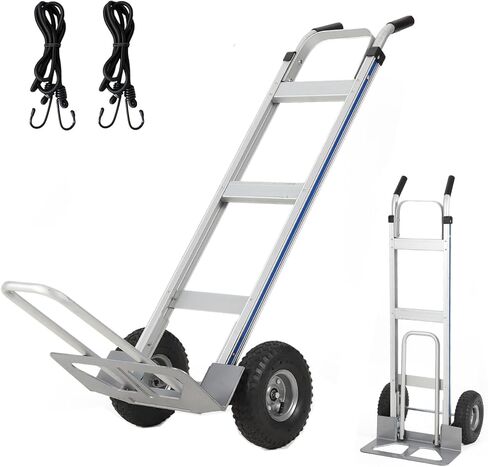 Aluminum Hand Truck Dolly Cart,600 LBS Capacity,Heavy Duty Dolly with Extendable Base Plate,10" Pneumatic Tire & 2 Elastic Cords,Platform Hand Cart for Transport & Moving in Warehouse, Supermarket in Kuwait