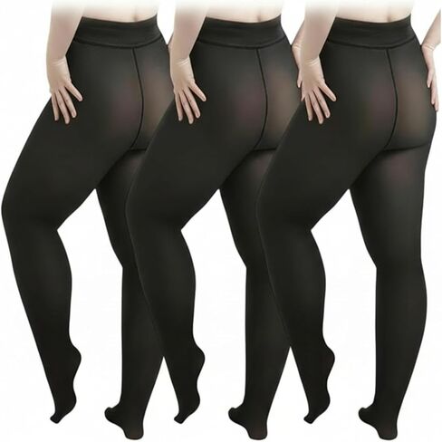 HooLing 3 Pair Plus Size Fleece Lined Tights for Women Fake Translucent Winter Thermal Leggings Warm Thick Tights for Gifts in Kuwait