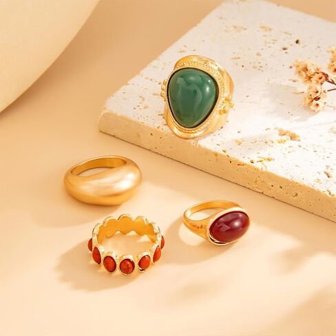 مجموعة خواتم راتينج بيضاوية ذهبية مكتنزة قابلة للتكديس، حلقات إصبع بمفاصل أكريليك هندسية باللون البني والأخضر للنساء، هدية مجوهرات غير مشوهة للحفلات الراقصة in Kuwait