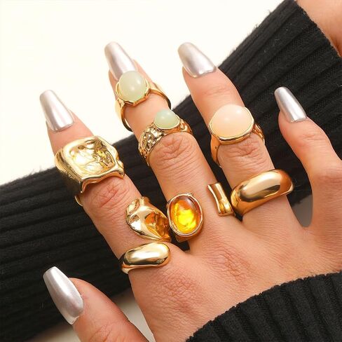 Stackable Thick Gold Crystal Open Ring Set, Trendy Chunky Geometry Square Hug Knuckle Rings for Women Boho Chic Statement Party Edgy Charm Jewelry Gift in Kuwait