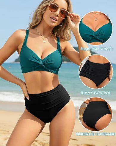 High Waisted Bikini Sets for Women Tummy Control Two Piece Bathing Suit Twist Front Push Up Ruched Womens Swimsuits in Saudi Arabia