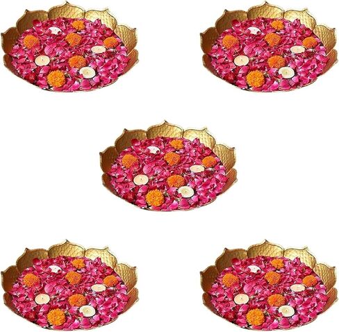 Gold Lotus Urli Bowl for Water Floating Flowers Pot and Tea Light Candles Holder, Traditional Metal Bowl for Wedding Pooja Home Office Table Diwali Decoration(Pack of 5) in Saudi Arabia