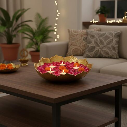 Gold Lotus Urli Bowl for Water Floating Flowers Pot and Tea Light Candles Holder, Traditional Metal Bowl for Wedding Pooja Home Office Table Diwali Decoration(Pack of 5) in Saudi Arabia