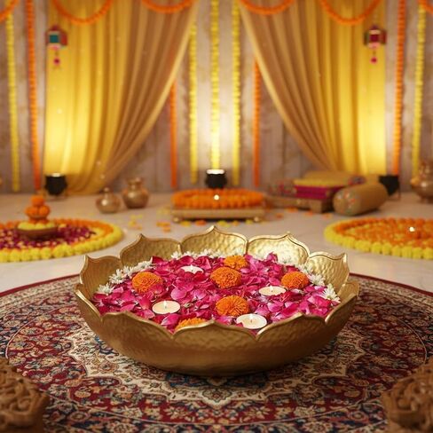 Gold Lotus Urli Bowl for Water Floating Flowers Pot and Tea Light Candles Holder, Traditional Metal Bowl for Wedding Pooja Home Office Table Diwali Decoration(Pack of 5) in Saudi Arabia