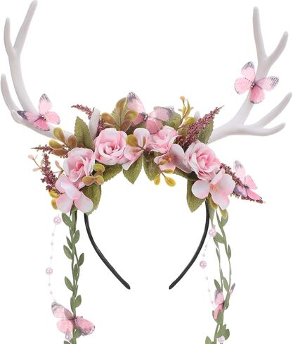 MOSTORY Woodland Butterfly Antler Headband - Fairy Flower Deer Antlers Headband with Vines for Renaissance Renfaire Cosplay in Saudi Arabia