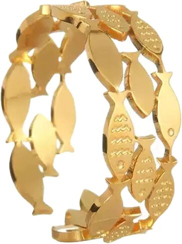 Adjustable Gold-Tone Fish Ring - 18mm Open Band w/Interlocking Fish Charms, 2g Lightweight Stackable Jewelry for Women, Summer Vacation Accessory (Shimmering Gold) in Saudi Arabia