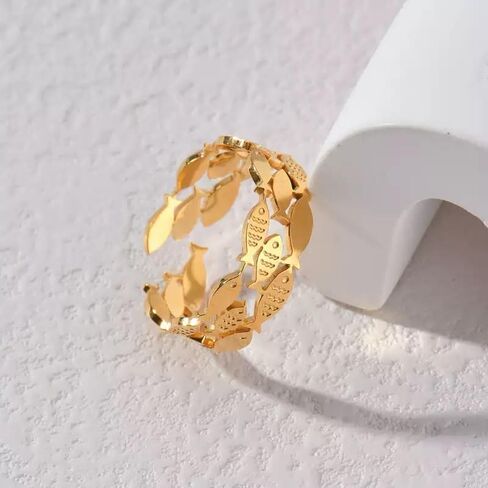 Adjustable Gold-Tone Fish Ring - 18mm Open Band w/Interlocking Fish Charms, 2g Lightweight Stackable Jewelry for Women, Summer Vacation Accessory (Shimmering Gold) in Saudi Arabia