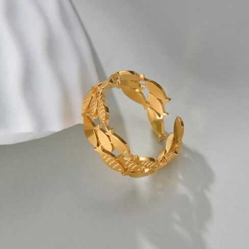 Adjustable Gold-Tone Fish Ring - 18mm Open Band w/Interlocking Fish Charms, 2g Lightweight Stackable Jewelry for Women, Summer Vacation Accessory (Shimmering Gold) in Saudi Arabia