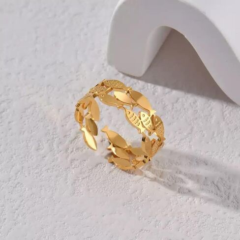 Adjustable Gold-Tone Fish Ring - 18mm Open Band w/Interlocking Fish Charms, 2g Lightweight Stackable Jewelry for Women, Summer Vacation Accessory (Shimmering Gold) in Saudi Arabia