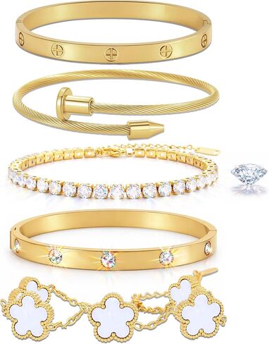 مجموعة 5 قطع من أساور Love Bangle Gold Clover للنساء، مصنوعة من الفولاذ المقاوم للصدأ 316L مع طلاء مرآة وطلاء PVD عيار 18 قيراط، لا تسبب الحساسية ومقاومة للعرق، مثالية لحفلات الزفاف وهدايا عيد الميلاد in Saudi Arabia