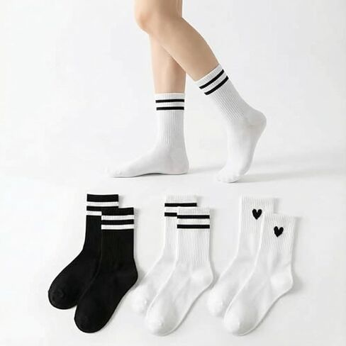 3 Pairs Of Men's Women's Striped & Heart Patterned Sports Casual Socks, Mid-calf Running Socks, Moisture Wicking, Breathable in Saudi Arabia