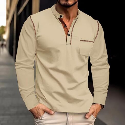 Men's Contrast Stitch Long Sleeve Henley Shirt, Casual Button-Down Tee with Chest Pocket for Daily & Office Wear in Saudi Arabia