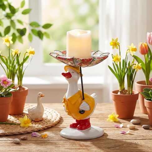 Silly Goose with Raincoat Candle Holder Cute Duck Candle Holder Silly Goose with Floral Umbrella Decorative Candlestick Stand for Home Spring Living Room Garden Decor in Saudi Arabia