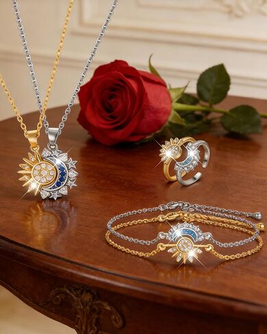 Matching Sun Moon Jewelry Set for Couples Adjustable Matching Sun and Moon Necklace Bracelet Ring Set Couple Jewelry Gifts for Him and Her in Saudi Arabia