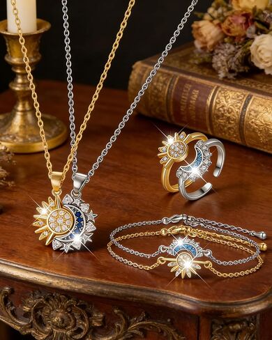 Matching Sun Moon Jewelry Set for Couples Adjustable Matching Sun and Moon Necklace Bracelet Ring Set Couple Jewelry Gifts for Him and Her in Saudi Arabia