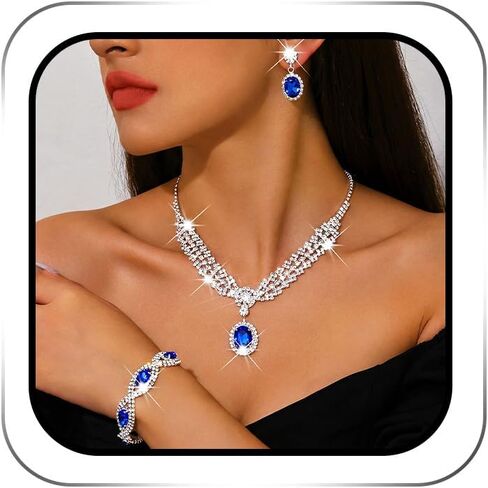ACEDRE Rhinestone Wedding Jewelry Set Royal Blue Bridal Necklace Earrings Bracelet Sets Prom Costume Accessories for Women in Saudi Arabia