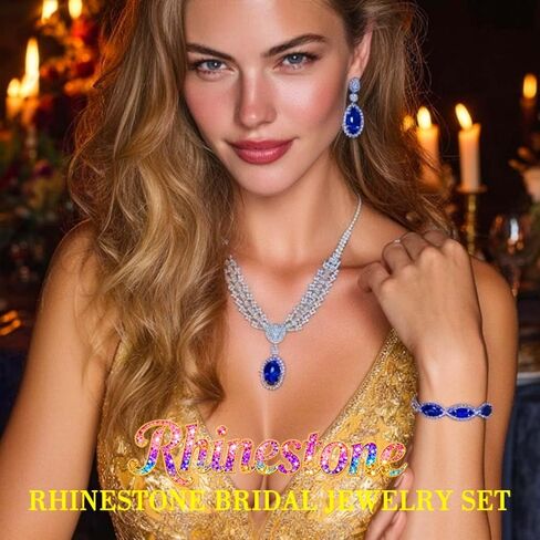 ACEDRE Rhinestone Wedding Jewelry Set Royal Blue Bridal Necklace Earrings Bracelet Sets Prom Costume Accessories for Women in Saudi Arabia