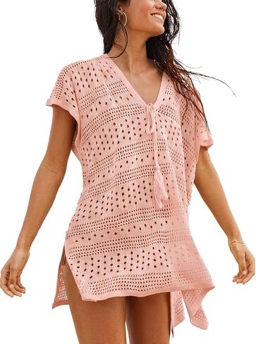 CUPSHE Women Crochet Beach Cover Ups Summer V Neck Casual Mini Coverup Dress Short Sleeve Split Hem Bathing Suit Cover Up in Saudi Arabia