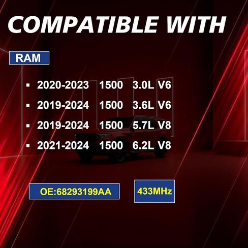 مستشعر مراقبة ضغط الإطارات المبرمج مسبقًا 433 ميجا هرتز مستشعر TPMS متوافق مع 2019 2020 2021 2022 2023 2024 Ram 1500 & 2019-2024 Dodge Ram 1500 مجموعة من 4 OE-68293199AA in Kuwait