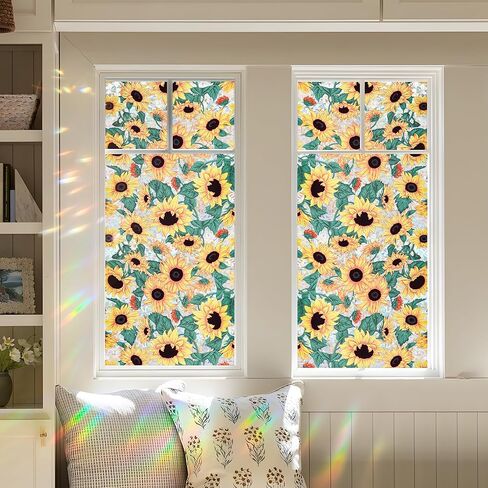 Sunflower Stained Glass Window Film, 3D Rainbow Privacy Decorative Static Cling, Removable UV Blocking Window Covering for Home 17.5" x 78.7"+ Free Tool Kit in Saudi Arabia