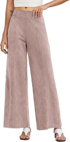 EVALESS Women's Wide Leg Baggy Pants Casual Elastic Waist Acid Wash Cotton Knit Palazzo Pants Boho Vacation Lounge in Saudi Arabia