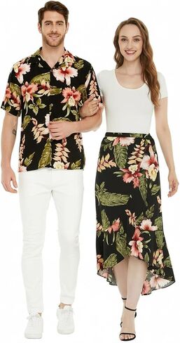 Matchable Couple Hawaiian Luau Shirt or Wrap Skirt in Black Rafelsia in Saudi Arabia
