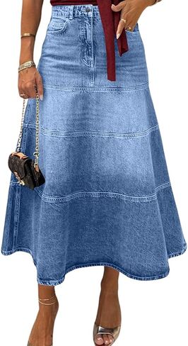 تنورة جينز نسائية كلاسيكية عالية الخصر من CHOUYATOU تنورة جينز طويلة غير رسمية على شكل حرف A مع جيب in Kuwait