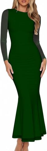 BORIFLORS Women's Sexy Ruched Bodycon Long Formal Dresses Mesh Long Sleeve Cocktail Party Maxi Dress in Saudi Arabia