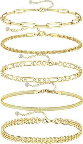 NECOCY Gold Bracelets for Women Waterproof, 14K Gold Plated Jewelry Sets Trendy Thin Dainty Stackable Cuban Link Paperclip Chain Bracelet Pack Fashion Accessories Gifts for Womens in Kuwait