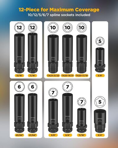 Spline Lug Nut Socket Set, Wheel Lock Removal Tool Kit, Universal 5/6/7/10/12 Spline Locking Lug Nut Master Keys, Cr-Mo Tire & Wheel Tools for Aftermarket Axle Nut (11 Pcs) in Saudi Arabia