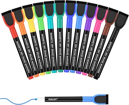 أقلام مسح مغناطيسية جافة مع أغطية ممحاة، طرف رصاصي 1-2 مم، حبر سريع الجفاف ذو رائحة منخفضة، 12 لونًا، مجموعة أقلام تحديد السبورة البيضاء لمكتب تقويم الثلاجة، 12 قطعة in Kuwait