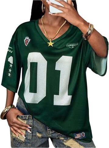 SHENHE Girl's Jersey Shirt Y2k Oversized Graphic Number Shirt Mesh Football Jersey Streetwear in Saudi Arabia