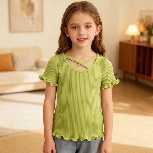 Toddler Girls Short Sleeve T-Shirt Tee Ruffled Sleeve Solid Basic Tops Little Kids Outfit Casual Clothes 1-7T in Saudi Arabia