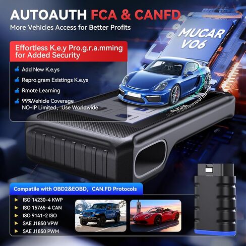 أداة المسح الضوئي ثنائية الاتجاه MUCAR VO6، ماسح ضوئي تشخيصي كامل للأنظمة obd2، ماسح ضوئي تشخيصي للسيارات للسيارة، 28+ قارئ رمز الخدمات، CAN FD، FCA/AutoAuth، تحديث مجاني مدى الحياة = بدون اشتراكات in Kuwait