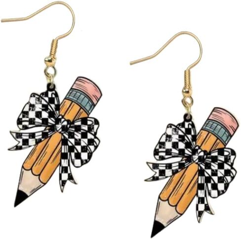 Blue Drop Teacher Earrings Pencil Bow Polka Dot Leopard Print Drop Dangle Earrings Appreciation Day Gifts Graduation Jewelry for Teacher Student in Kuwait