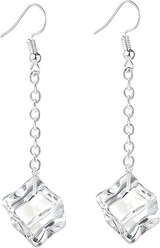 Ice Cube Acrylic Earrings Funny Clear Crystal 3D Long Transparent Square Geometric Dangle Drop Earring Minimalist Holiday Christmas Unique Trendy Jewelry For Women Men in Saudi Arabia