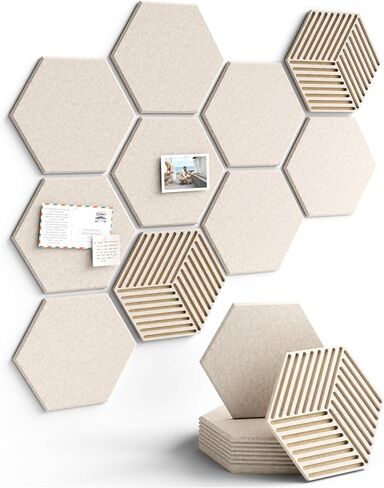 بديل لوحة الفلين السداسية من Fluxynara لديكور الجدران - 10 عبوات من بلاط لوحة الإعلانات، مع 30 دبوس دفع، و50 علامة تبويب لاصقة للمكتب والفصول الدراسية والمنزل ولوحة دبوس اللباد - غسق من الكتان in Kuwait