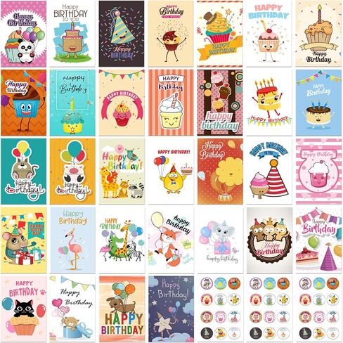 مجموعة بطاقات عيد ميلاد مضحكة، 32 تصميمًا فريدًا من نوعه، مجموعة بطاقات عيد ميلاد سعيد لطيفة مع مغلفات وملصقات، بطاقات عيد ميلاد متنوعة مع فارغة من الداخل - بطاقة تهنئة مقاس 4 × 6 بوصة مثالية لإرسال أمنيات عيد ميلاد دافئة للأطفال وأصدقاء العائلة in Kuwait