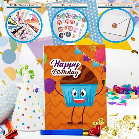 مجموعة بطاقات عيد ميلاد مضحكة، 32 تصميمًا فريدًا من نوعه، مجموعة بطاقات عيد ميلاد سعيد لطيفة مع مغلفات وملصقات، بطاقات عيد ميلاد متنوعة مع فارغة من الداخل - بطاقة تهنئة مقاس 4 × 6 بوصة مثالية لإرسال أمنيات عيد ميلاد دافئة للأطفال وأصدقاء العائلة in Kuwait